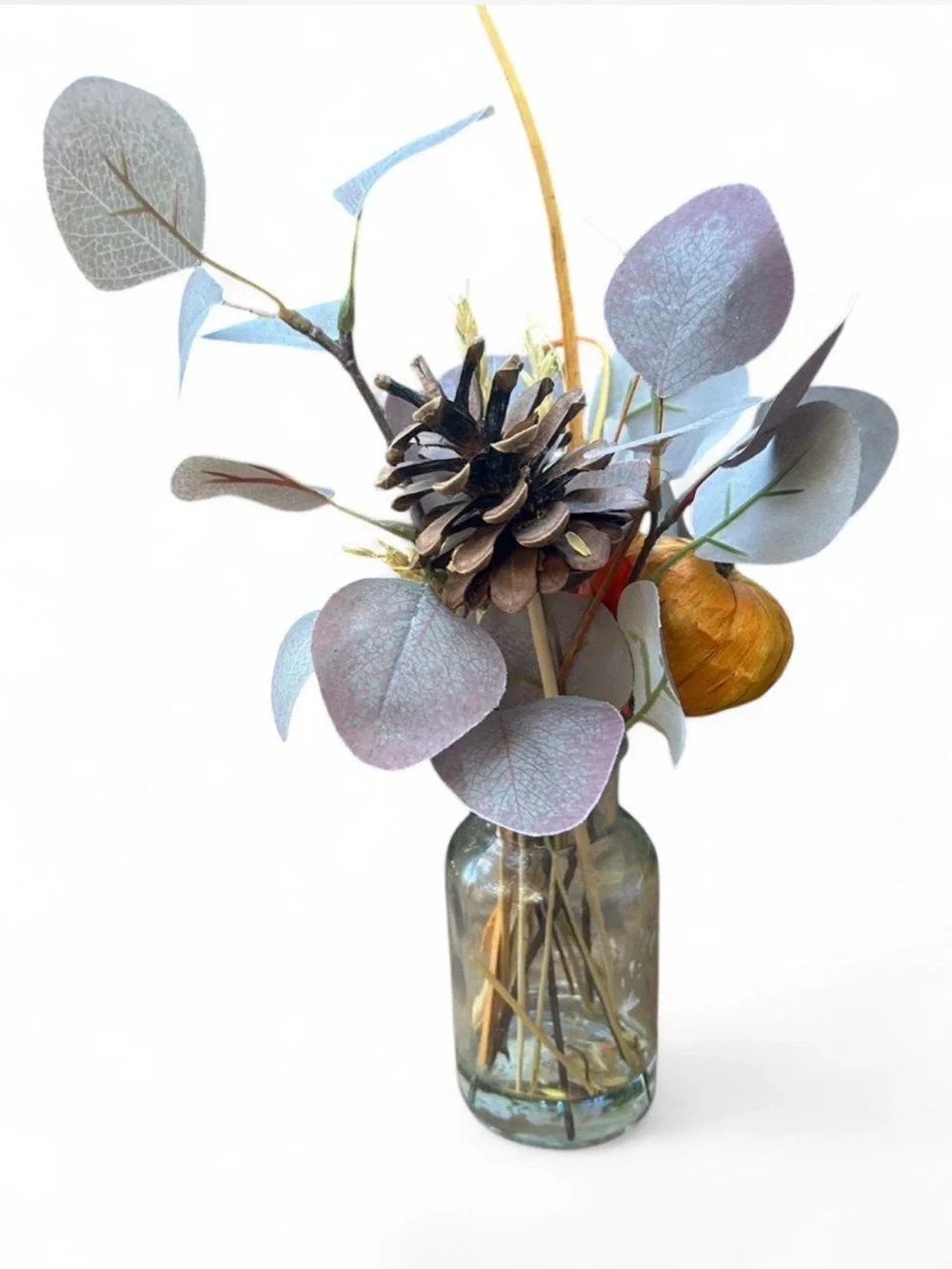 Artificial Eucalyptus & Pinecone Arrangement in Glass Vase - Purple and Gold